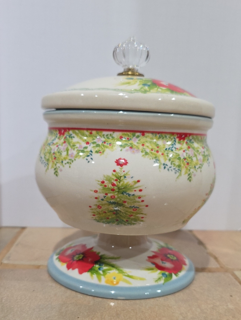 Pioneer Woman Pedestal Candy Dish in Cream with Red and Green Floral Design